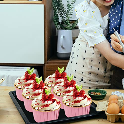 Cupcake Liners And Wrapers With Lids 50 Pack,LNYZQUS 5.5 Oz Large Foil Muffin Tins Or Liners,Disposable Baking Cups, Cupcake Wrappers Holders For Wedding Valentine-Pink in gold