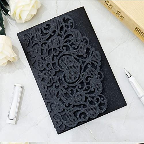 NC Cylallen 50 Sets Tri fold Love Hollow Laser cut Pocket Wedding Invite Invitation Card Jacket for Party Birthday Quinceañera Invite 4.92 by 7.28 inches (Black, Only Invitation cover)