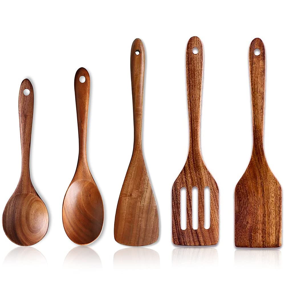 5 Pcs Best Wooden Spoons for Cooking Kitchen Utensils Set Acacia Wood Cooking Spatula Turner Non Toxic Utensil Slotted Serving Spoon Flat Spatulas Set Wooden Utensis Mixing Cooking Spoon Kitchen Tools