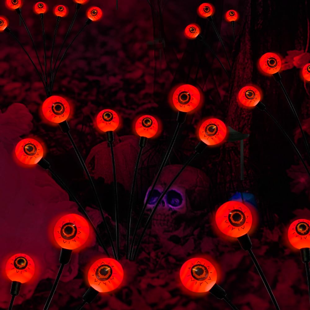 Outdoor Halloween Decorations Solar Spooky Lights-12LED Scary Eyeballs Swaying Firefly Light with Magic Party Garden Decor,Solar Halloween Path Lights for Grave Cemetery,Ghost Decor 2PACK Orange