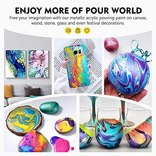 Magicfly Metallic Acrylic Pouring Paint with Acrylic Pouring Oil, 14 Metallic Colors(60 ml/2 oz) Pre-Mixed High Flow Pour Paint for Halloween Decorations, Acrylic Pouring Paint Supplies for Canvas, Wood, Rocks & More