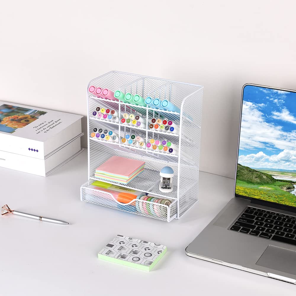 Spacrea Pen Holder Desk Organizer - Desk Organizers and Accessories, Pencil Holder with 10 Compartments and 1 Drawer（White）