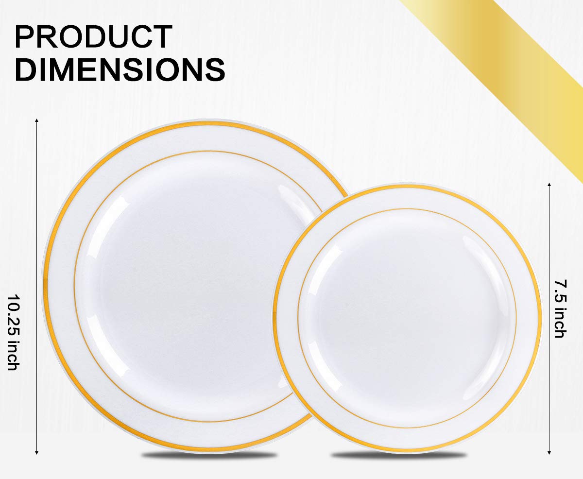 M MCIRCO 175 Piece Gold Dinnerware Set - 50 Gold Rim Plastic Plates - 25 Gold Plastic Silverware - 25 Gold Plastic Cups - 25 Gold Paper Napkins, 25 Guest Disposable Gold Dinnerware Set