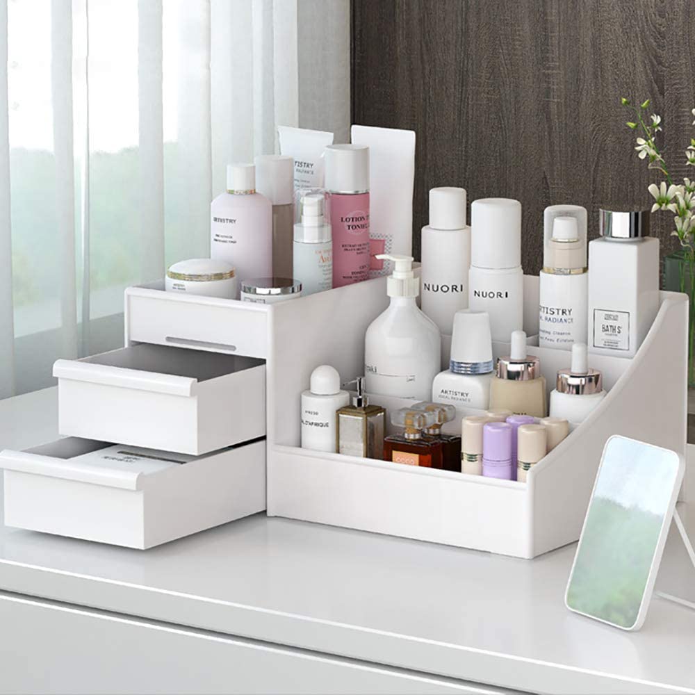 skin care organizer,Makeup Desk Organizer With Drawers,Countertop Organizer for Cosmetics,Vanity brush with Holder for Lipstick, Brushes, Eyeshadow, and Jewelry Desktop Finishing Dresser (White)