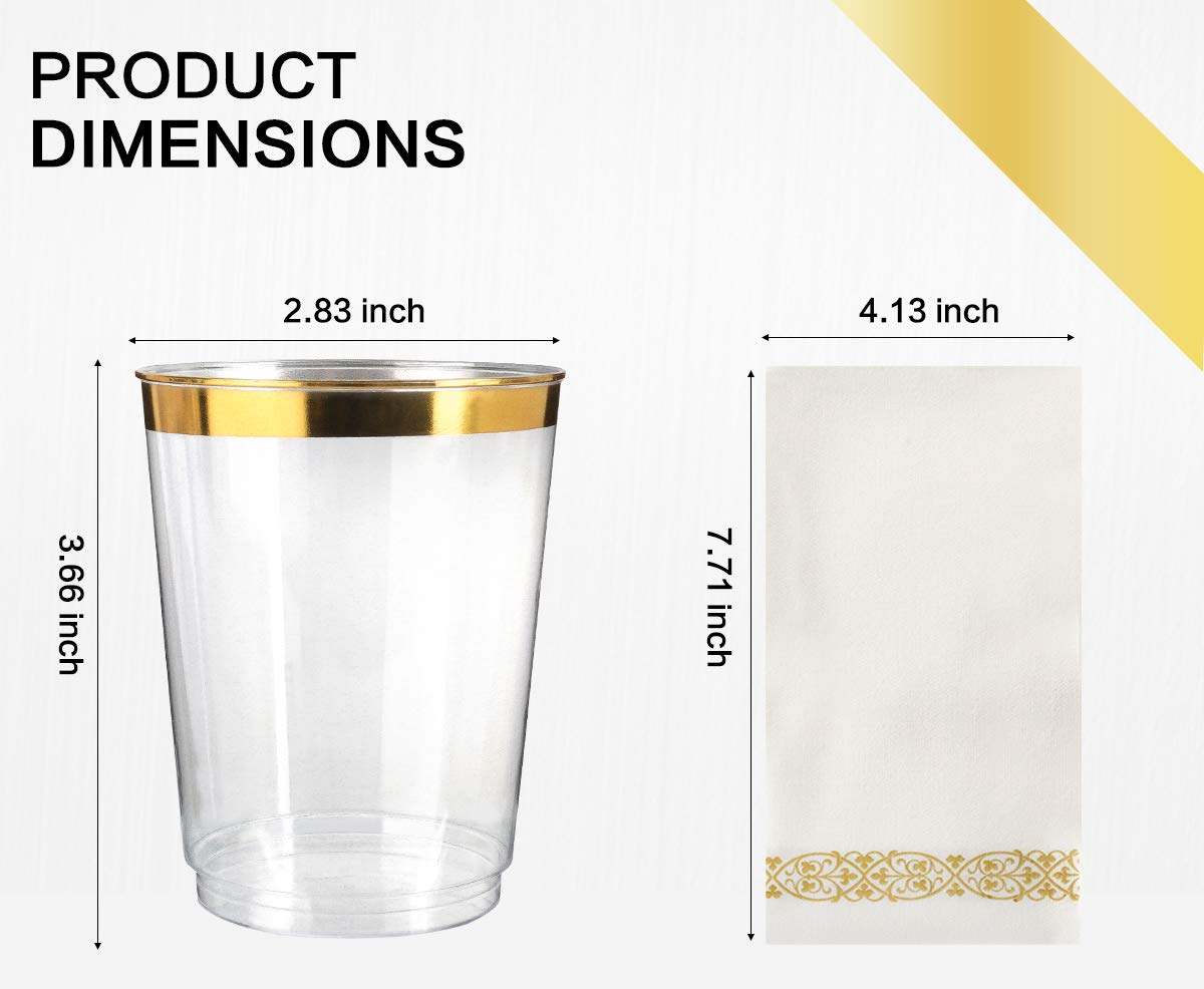 M MCIRCO 175 Piece Gold Dinnerware Set - 50 Gold Rim Plastic Plates - 25 Gold Plastic Silverware - 25 Gold Plastic Cups - 25 Gold Paper Napkins, 25 Guest Disposable Gold Dinnerware Set
