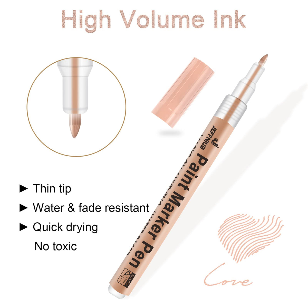 JEFFNIUB Gold Paint Pens with Silver, Rose Gold Acrylic Paint Pens for Rock Painting, Wood, Fabric, Glass, Canvas, Scrapbooking, Card DIY Metallic Acrylic Marker (0.7mm)