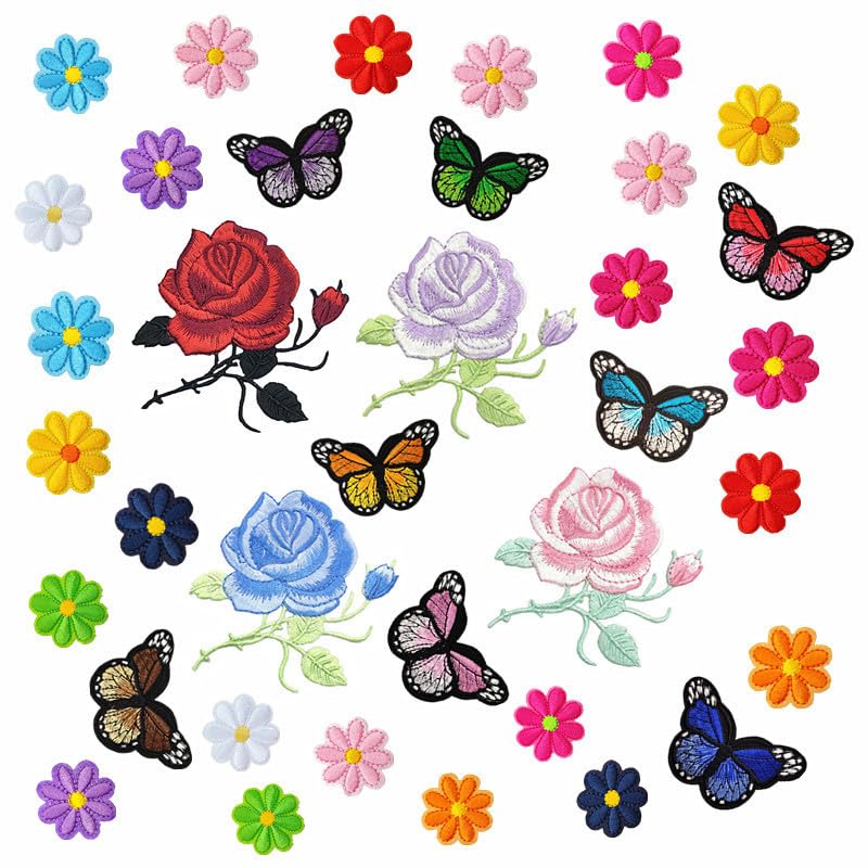 72 Pcs Embroidered Iron On Patches for Clothing, Butterfly Flower Iron On Patches Set, Bee Rose Daisy Embroidered Patches, Applique Patches for Clothes, Jackets, Jeans, Backpacks