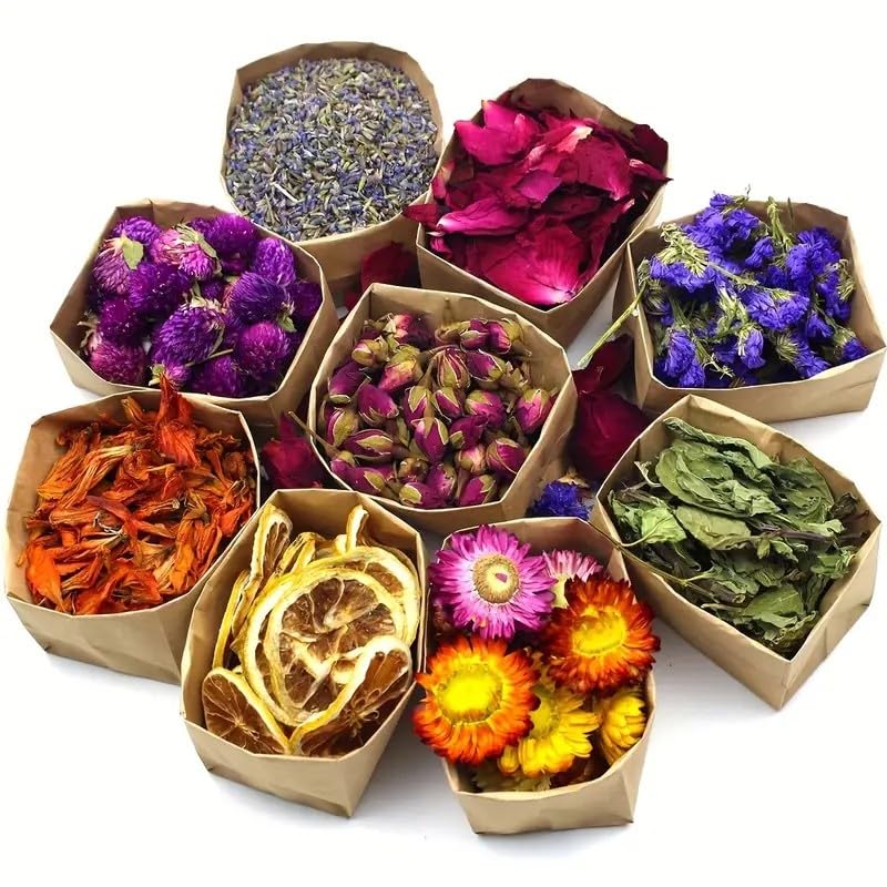 9 Bags Set Dried Flowers - Candle Making Soap Making DIY Candel Natural Flowers-Lemon,Lily,Don't Forget Me,Lavender,Mint Leaf,Rose Petal, Red Rose,Globe Amaranth,Chrysanthemum.