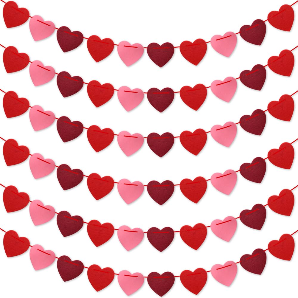 Valentines Day Decorations, Pre-Strung Felt Heart Garland for Mantle, Wall, Party Decorations, Hanging Hearts Decorations for Valentines Day Decor - 6 Strips of Valentine's Day Banner