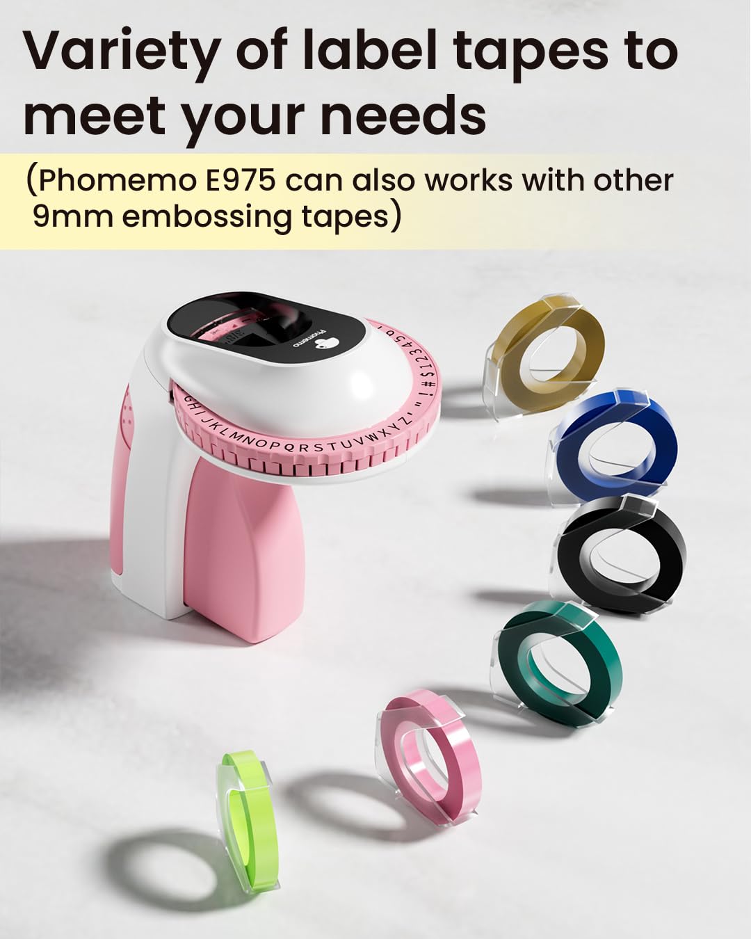 Phomemo E975 Embossing Label Maker Machine with 6 Tapes, 3D Vintage Embossed Label Maker Writer, Handheld Old School Label Maker with 6 Rolls Embossing Tapes for Office Home Organization and DIY -Pink