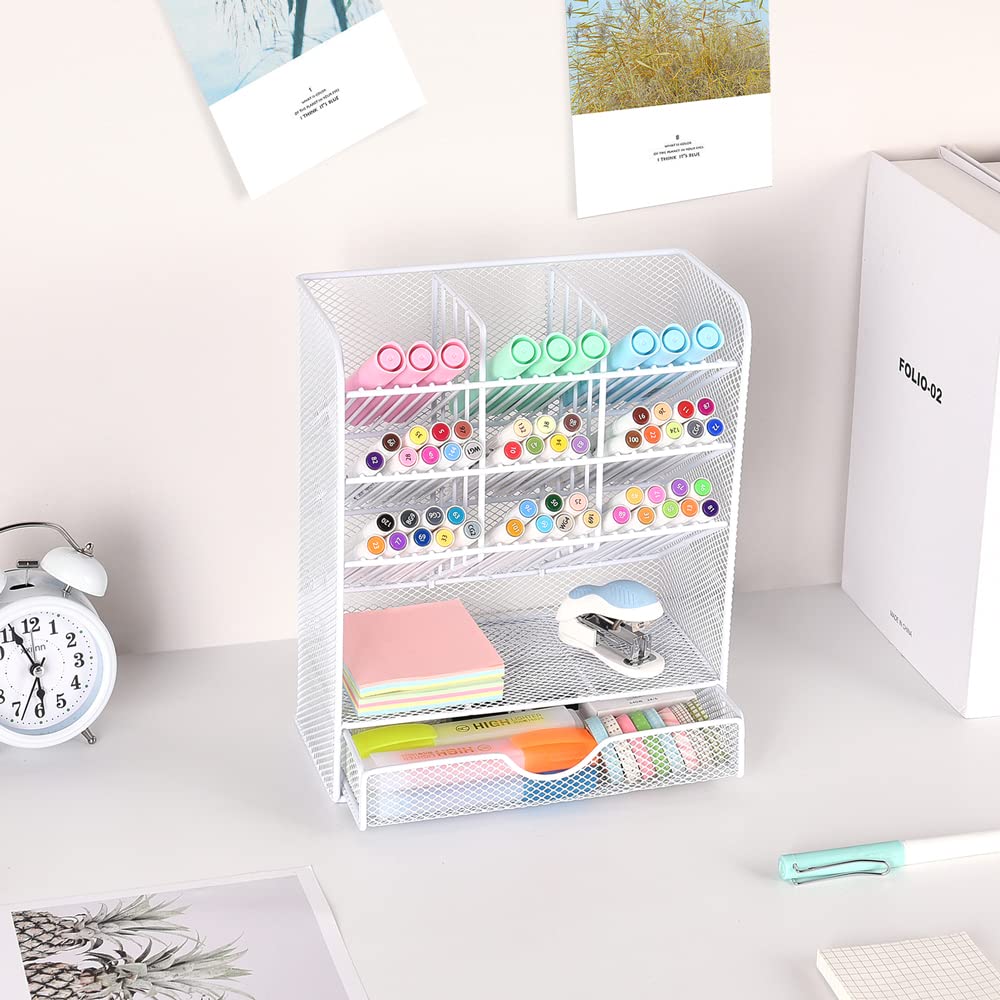 Spacrea Pen Holder Desk Organizer - Desk Organizers and Accessories, Pencil Holder with 10 Compartments and 1 Drawer（White）
