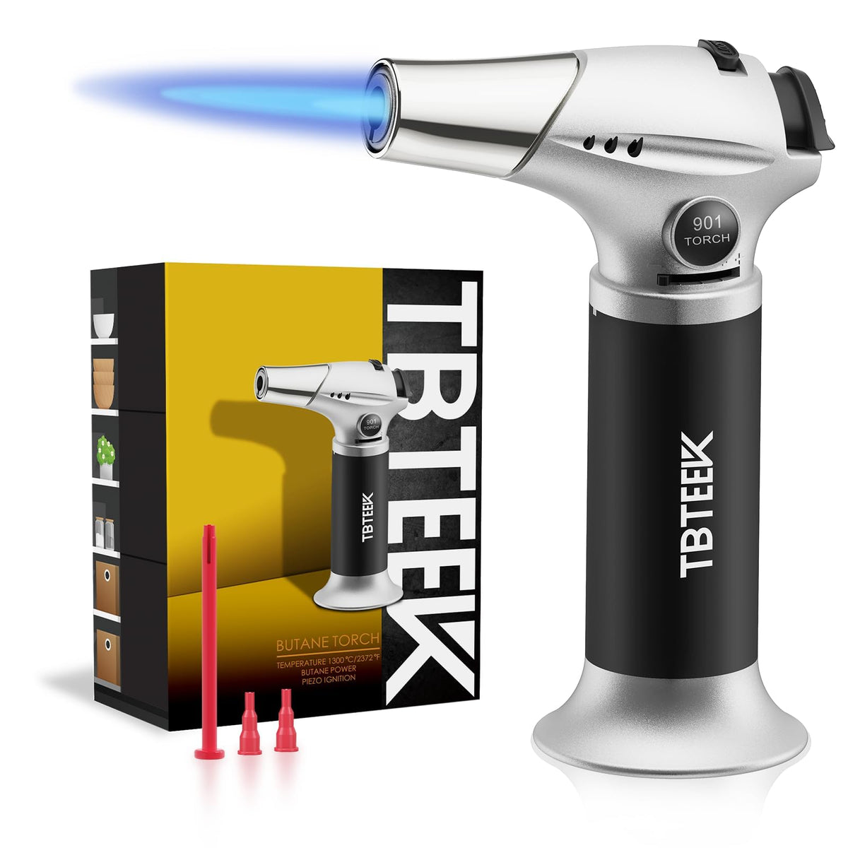 TBTEEK Butane Torch, Kitchen Torch Cooking Torch with Safety Lock & Adjustable Flame for Cooking, BBQ, Baking, Brulee, Creme, DIY Soldering(Butane Not Included)