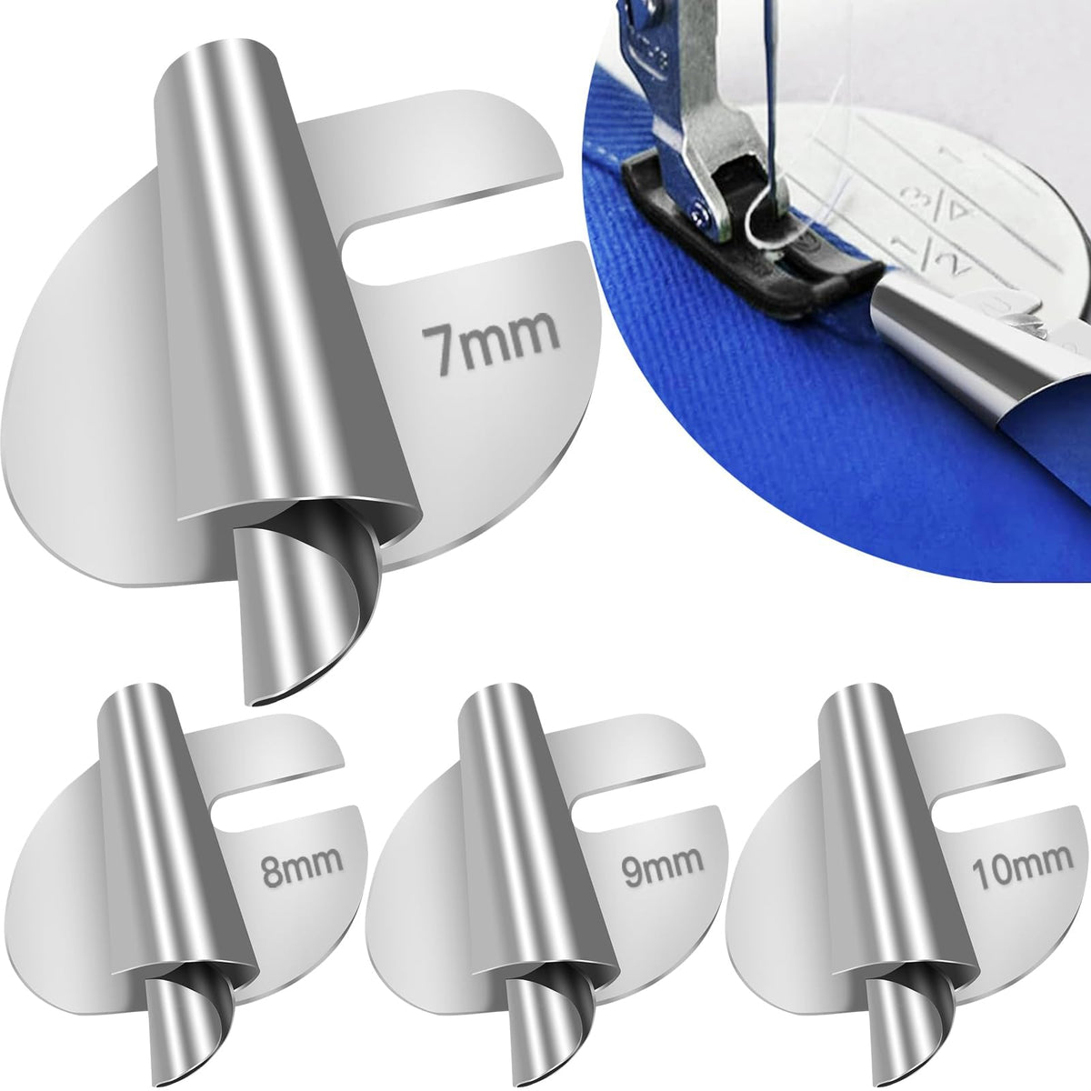 Universal Sewing Rolled Hemmer Foot 4PCS Rolled Hem Presser Foot 7/8/9/10mm Wide Rolling Hem Foot Sewing Machine Presser Feet Hemmer Home Industrial Curved Scroll Hemming Feet