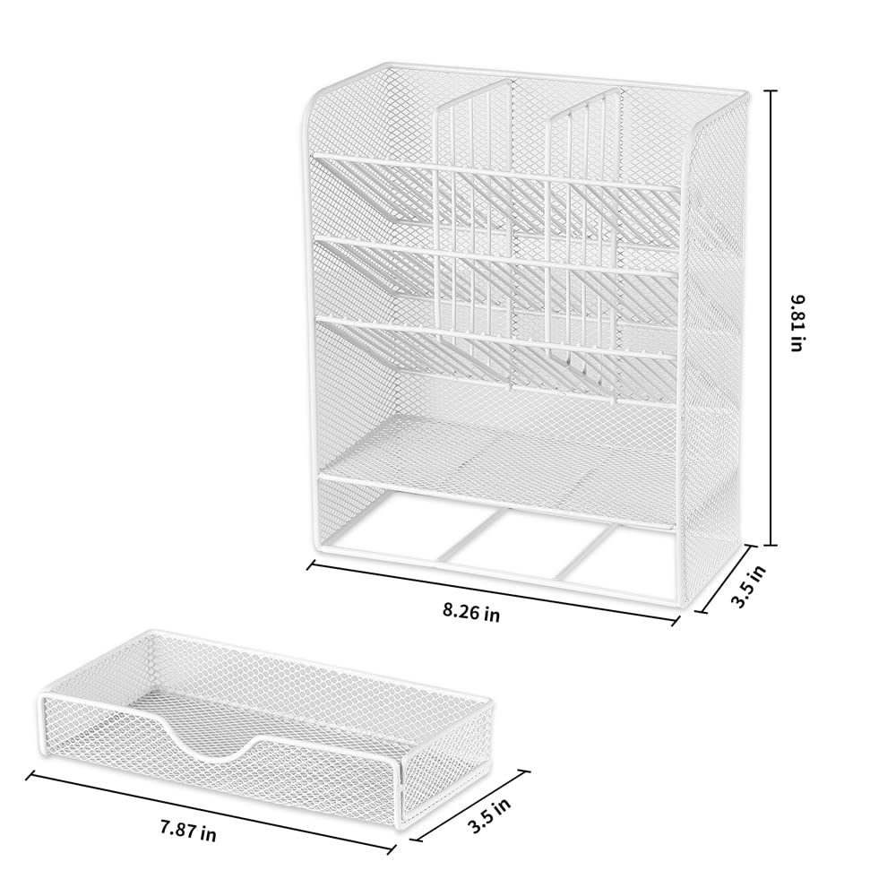 Spacrea Pen Holder Desk Organizer - Desk Organizers and Accessories, Pencil Holder with 10 Compartments and 1 Drawer（White）