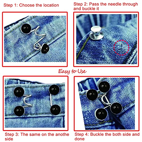 Urmspst 4 Set Pant Waist Tightener, Adjustable Waist Buckle Set, Extra Button for Jeans to Make Tighter, Button Adjuster for Pants, Jeans, Skirts, Sleeves, (Silver)