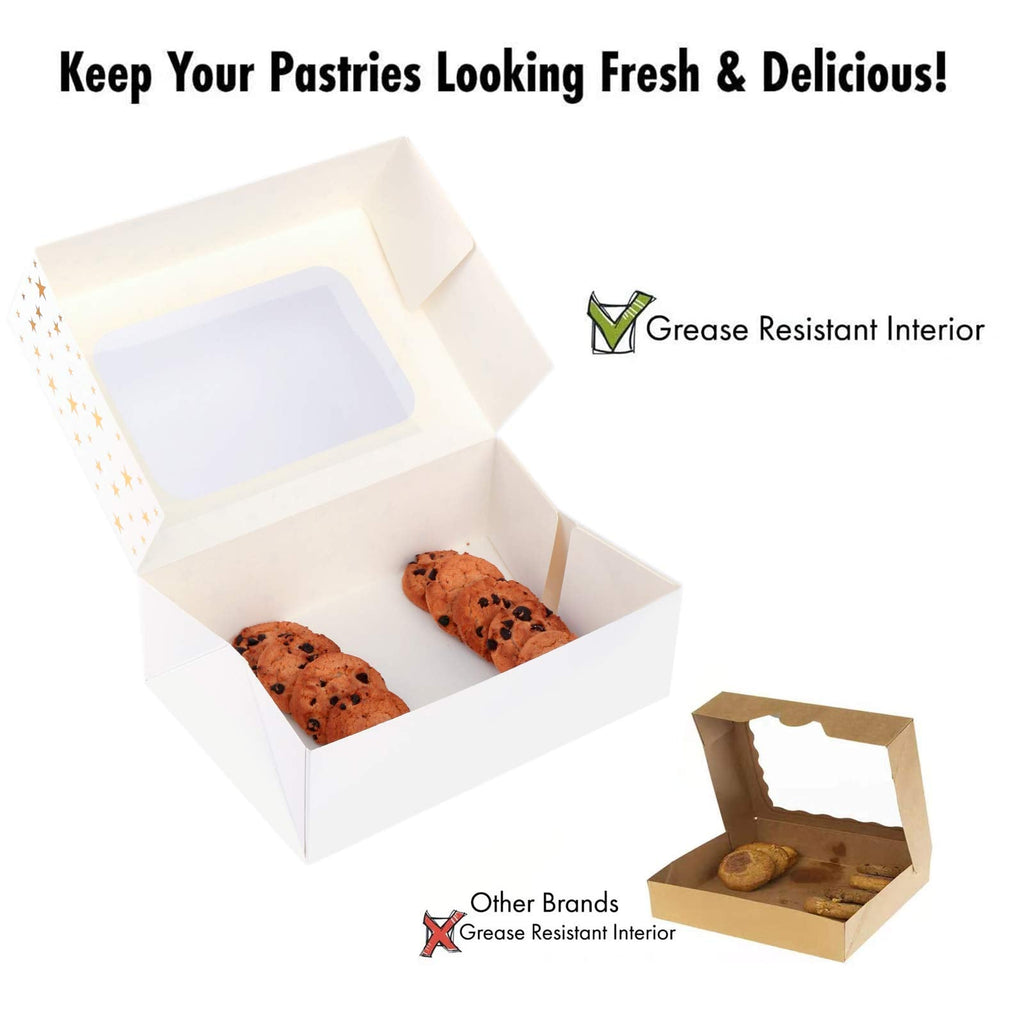 24 PCS Christmas Cookie Boxes for Gift Giving, 9x6x3 Golden Star Christmas Treat Boxes with Window, Auto-Up Holiday Cookie Boxes,Baking Goods Packaging Box for Desserts, Mini Cake, Donuts