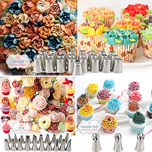 GEMLON Russian Piping Tips Cake Decorating Supplies 88 Baking Supplies Set 49 Icing Piping Tips 3 Russian Ball Piping Tip, Flower Frosting Tips, Bakes Flower Nozzles Large Cupcake Decorating Kit
