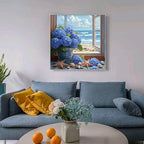 GEWOUVIN Window Side Hydrangea Diamond Art Kits for Adults,Seaside Diamond Painting Kits for Adults Beginners,DIY Full 5D Round Drill Gem Art Kits for Gift Home Wall Decor【13.8x13.8inch】