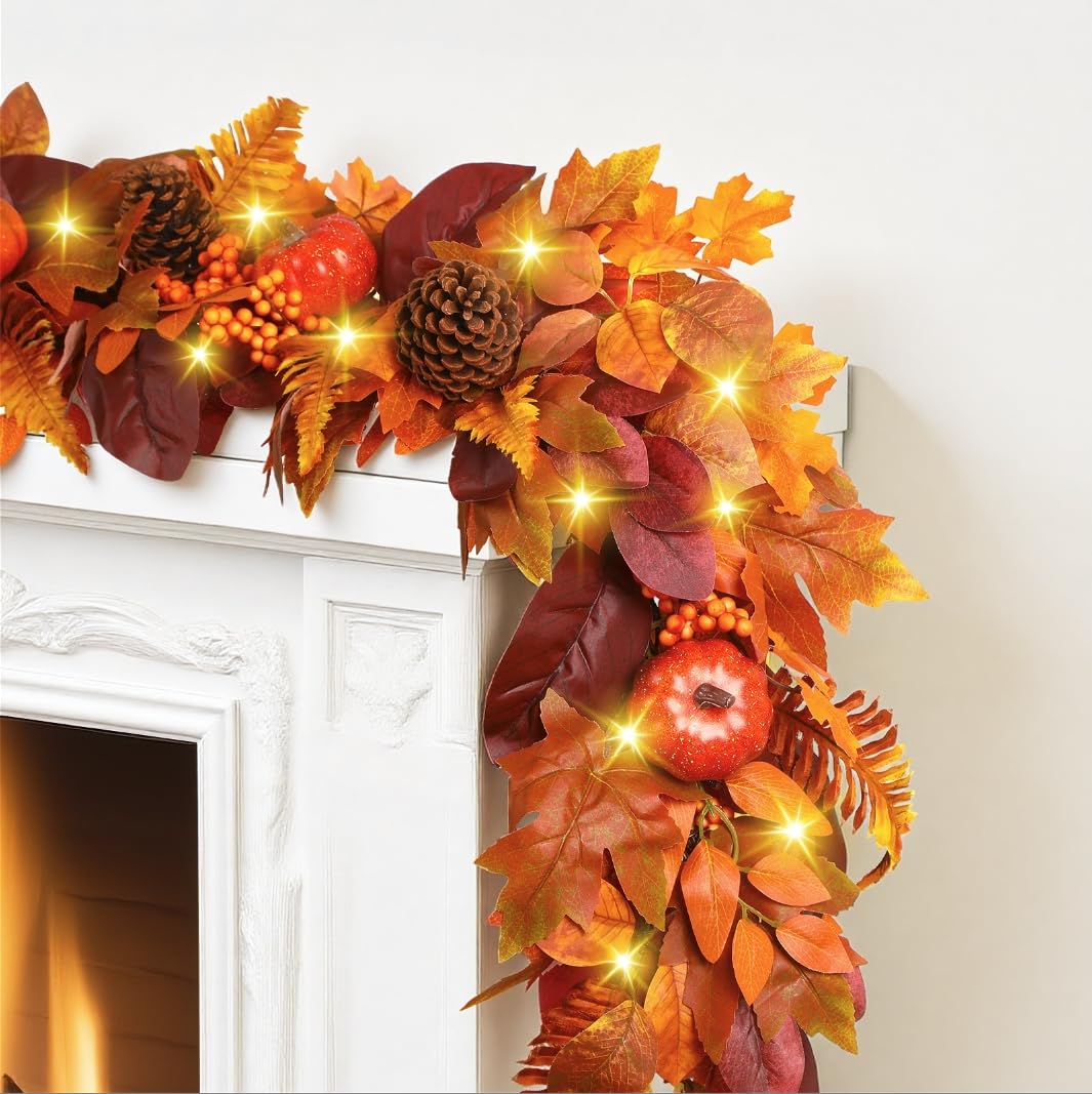 SHareconn 9ft Fall Garland with Lights and Timer for Mantle