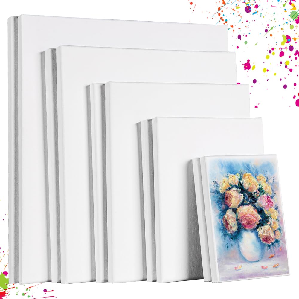 10 Pcs Stretched Canvases with Multi Size Pack, 4x6, 6x8, 8x10, 10x12, 12x14, for Painting, Acrylic Pouring, Oil Paint & Watercolor Art Media