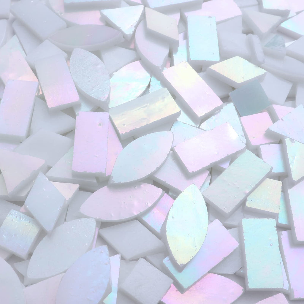 LITMIND Iridescent Glass Mosaic Tiles for Crafts, 240 Pieces 5 Shapes Mixed Stained Glass Sheets, Mosaic Kits for Adults (Iridescent White)