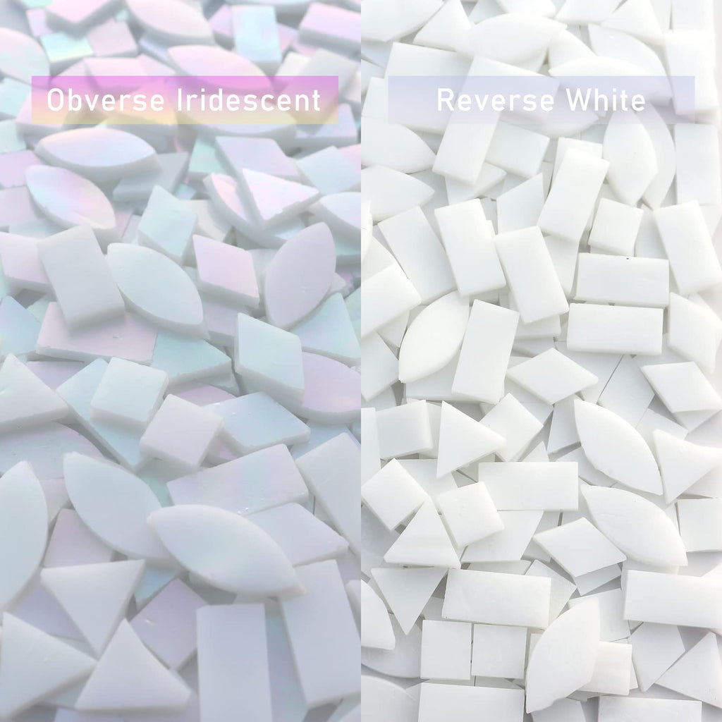 LITMIND Iridescent Glass Mosaic Tiles for Crafts, 240 Pieces 5 Shapes Mixed Stained Glass Sheets, Mosaic Kits for Adults (Iridescent White)