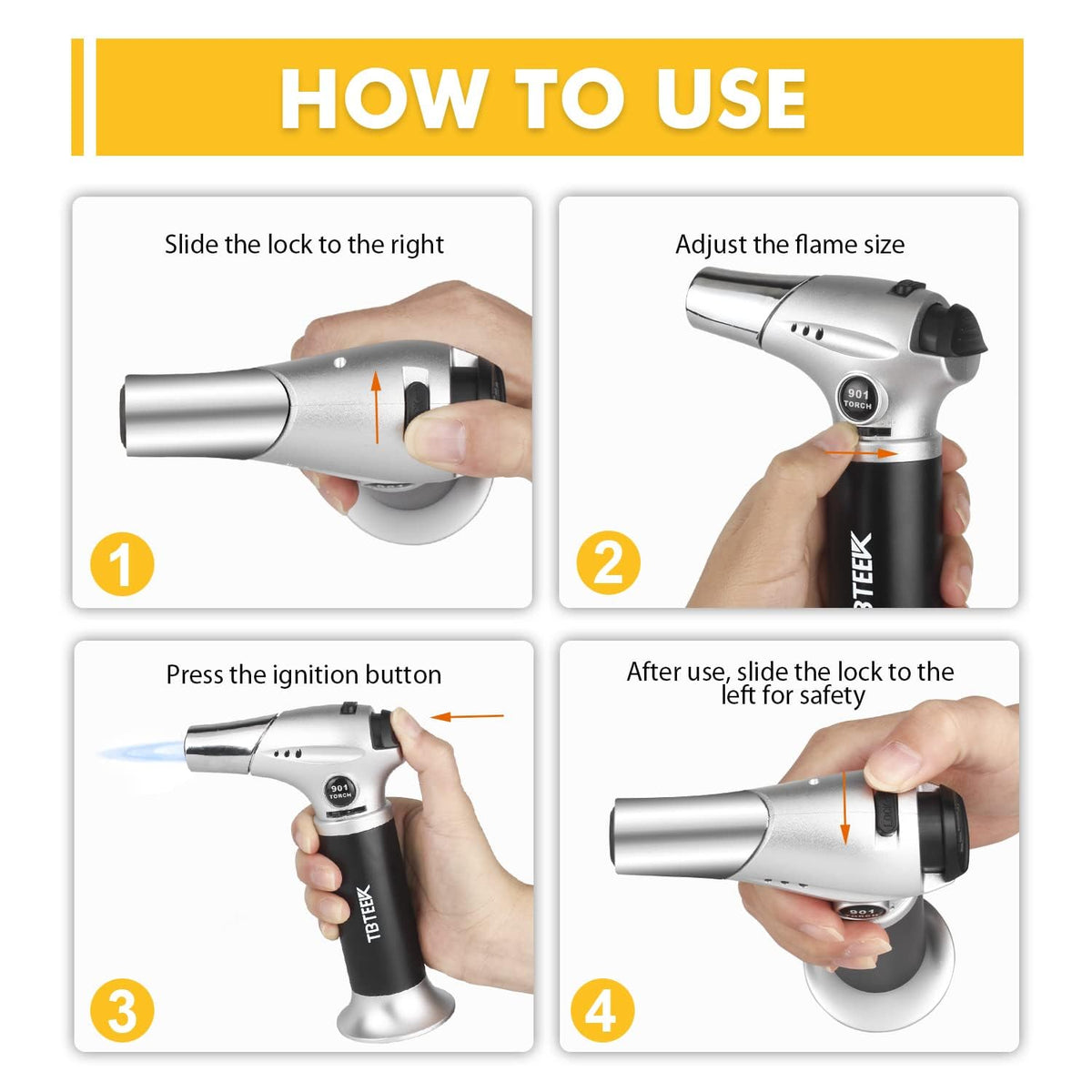 TBTEEK Butane Torch, Kitchen Torch Cooking Torch with Safety Lock & Adjustable Flame for Cooking, BBQ, Baking, Brulee, Creme, DIY Soldering(Butane Not Included)