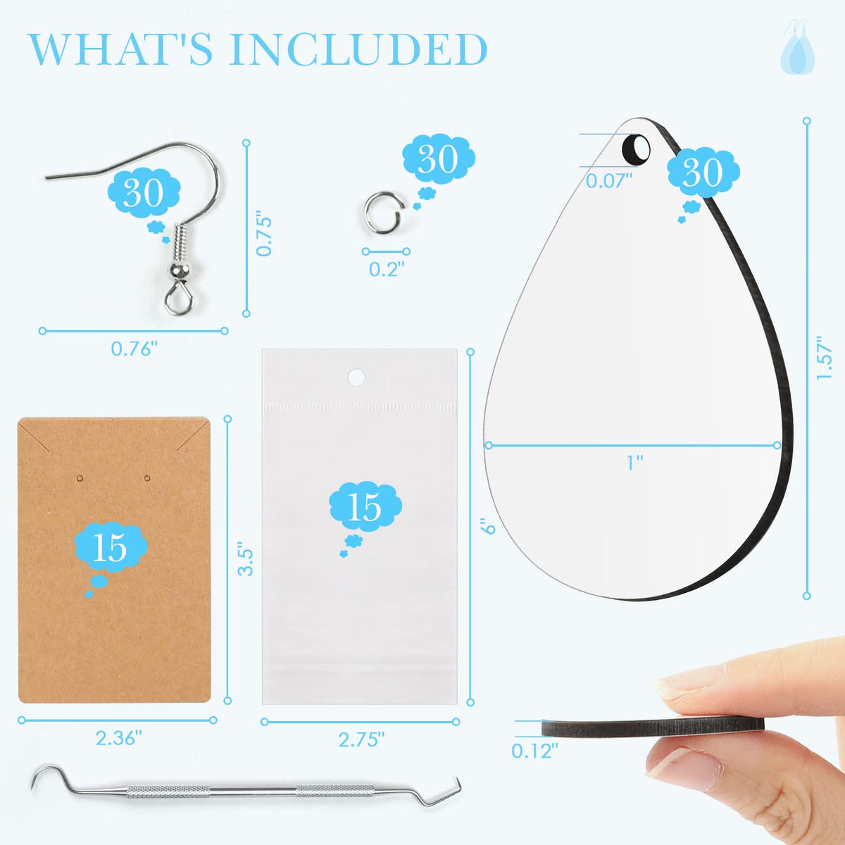 HTVRONT Sublimation Earring Blanks Bulk - 30 Pcs Wood Earrings Blanks with Blue Protective Film - Unfinished MDF Teardrop Earrings for Sublimation Printing with Template, Weeder, Hooks, Jump Rings