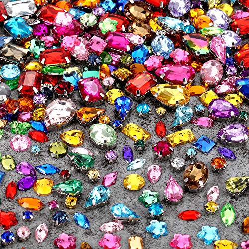WILLBOND 320 Pieces Sew on Rhinestone Glass Crystals Acrylic Gems with Hole Silver Prong Setting Flatback Claw Mix Shape Mix Size for DIY Crafts Dress Clothes Shoes Bag Decorations