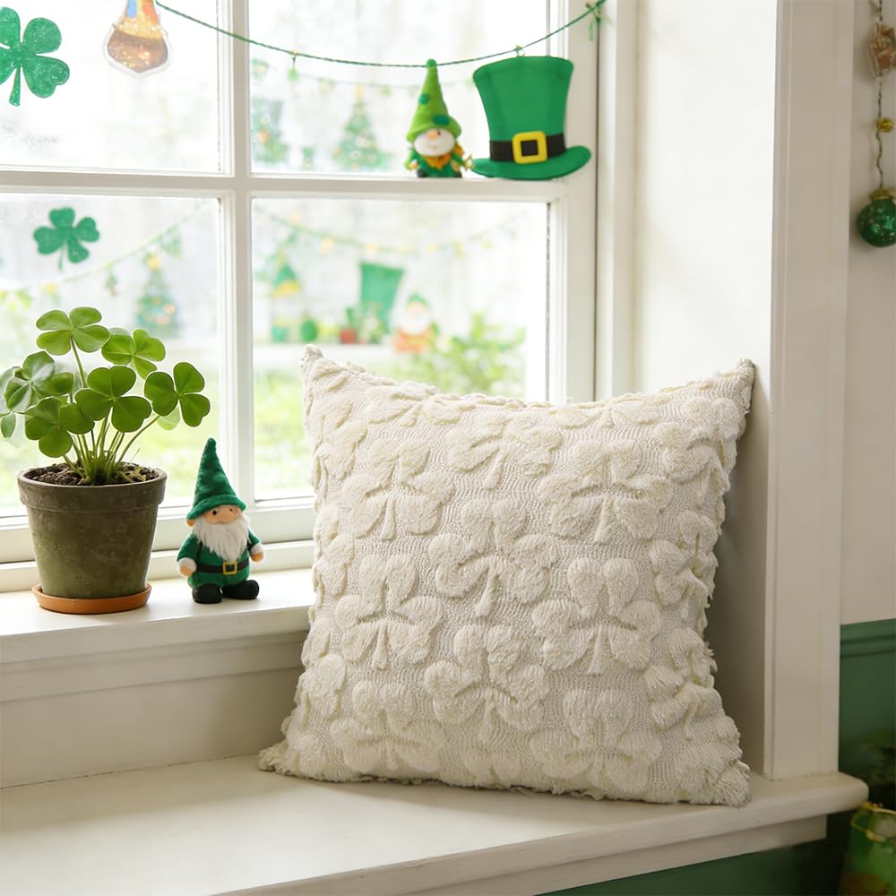 St Patrick’s Day Pillow Covers Set of 2,Beige Shamrock Irish Soft Plush Fluffy Faux Fur Jacquard Decorative St. Patrick’s Day Holiday Farmhouse Cushion Case for Sofa 18 x 18 Inch