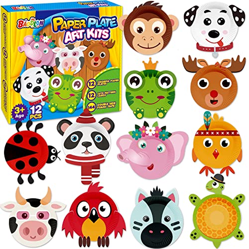 Art Craft Gift for Kids - 12 Paper Plate Art Kit Toy for 3, 4, 5 Year Old Boys Girls Toddlers, DIY Animal Art Supplies For Children Preschool Classroom/ Birthday/ Party Favor/ Christmas Game Crafts