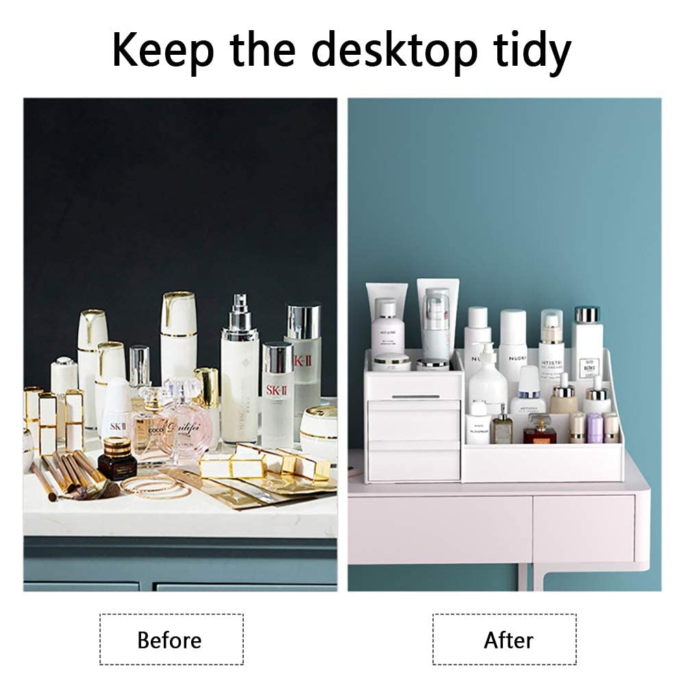 skin care organizer,Makeup Desk Organizer With Drawers,Countertop Organizer for Cosmetics,Vanity brush with Holder for Lipstick, Brushes, Eyeshadow, and Jewelry Desktop Finishing Dresser (White)