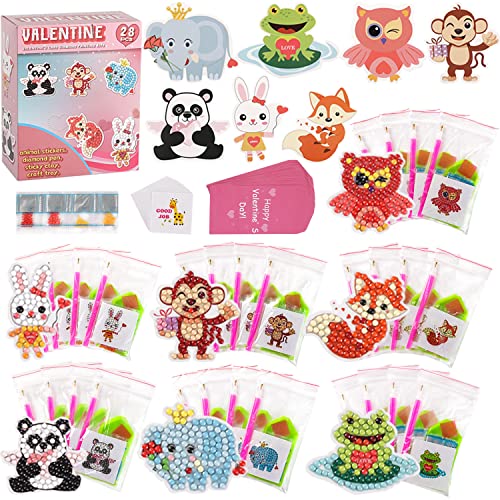 Valentines Day Cards for Kids - 28pcs Diamond Painting Kits+ 28pcs Valentines Cards, Kids Valentines Day Cards with 7 Different Gem Stickers for School Classroom Valentine's Gifts Exchange Decorations