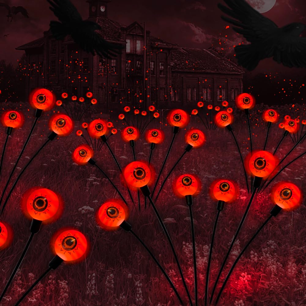 Outdoor Halloween Decorations Solar Spooky Lights-12LED Scary Eyeballs Swaying Firefly Light with Magic Party Garden Decor,Solar Halloween Path Lights for Grave Cemetery,Ghost Decor 2PACK Orange