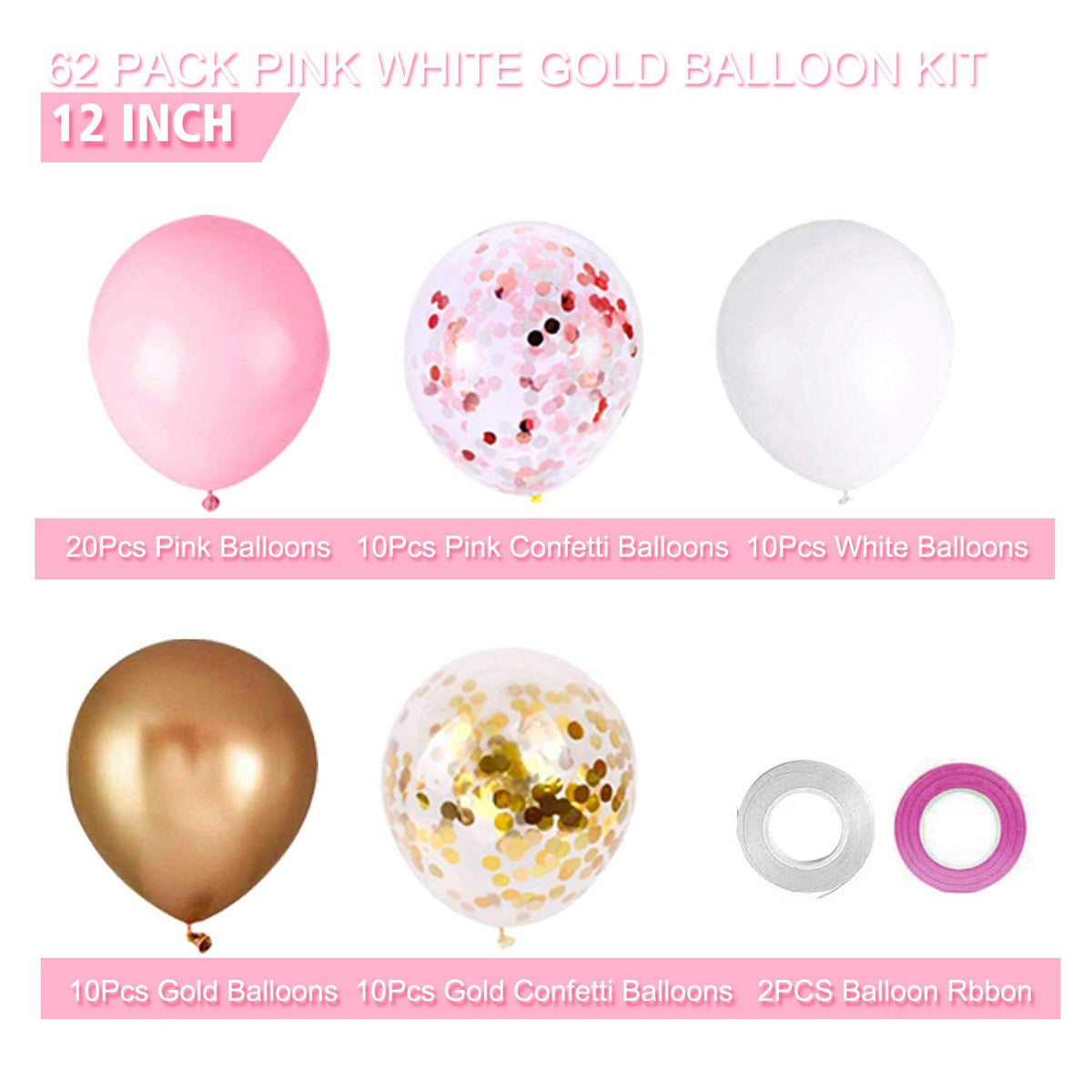 OuMuaMua 62Pcs Pink Gold Confetti Latex Balloons Kit, 12 Inch Pink White Gold Helium Balloons Party Supplies for Confession Proposal Wedding Girl Birthday Baby Shower Party Decoration