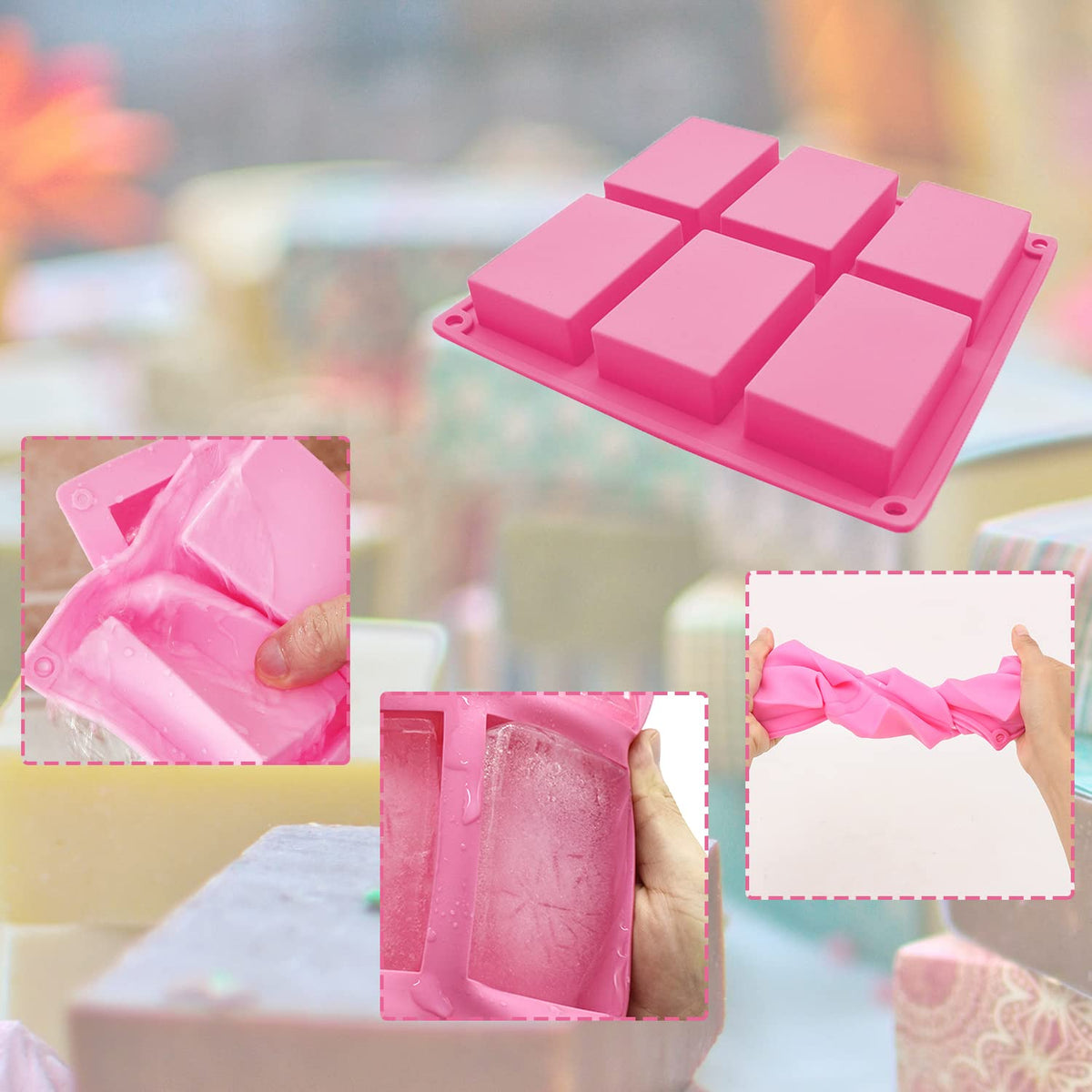 OBSGUMU 3 Pack Silicone Soap Molds, 6 Cavities Flower Making Mold, Included Rectangle Shape Supplies, Perfect for Handmade Soaps, Homemade Chocolate