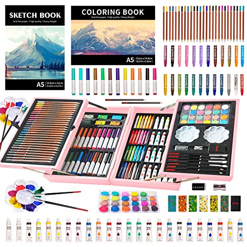 KINSPORY Art Gift for Kids, Art Supplies Case - 139 Piece Art Sets & Crafts Kit with Sketch Pads, Deluxe Wooden Box for Artist Beginners Girls Boys (Rose Pink)