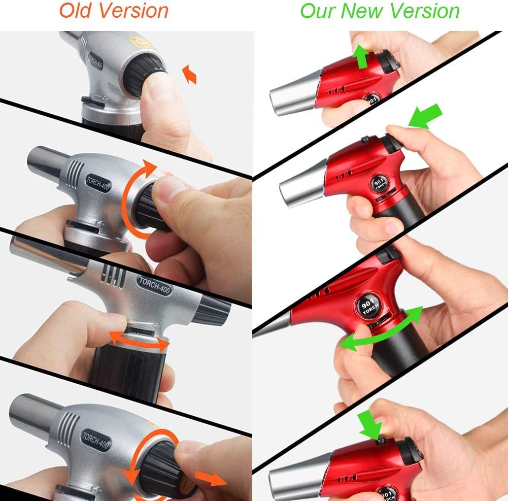 Blow Torch, Professional Kitchen Cooking Torch with Lock Adjustable Flame Refillable Mini Blow Torch Lighter for BBQ, Baking, Brulee Creme, Crafts and Soldering(Butane Gas Excluded)