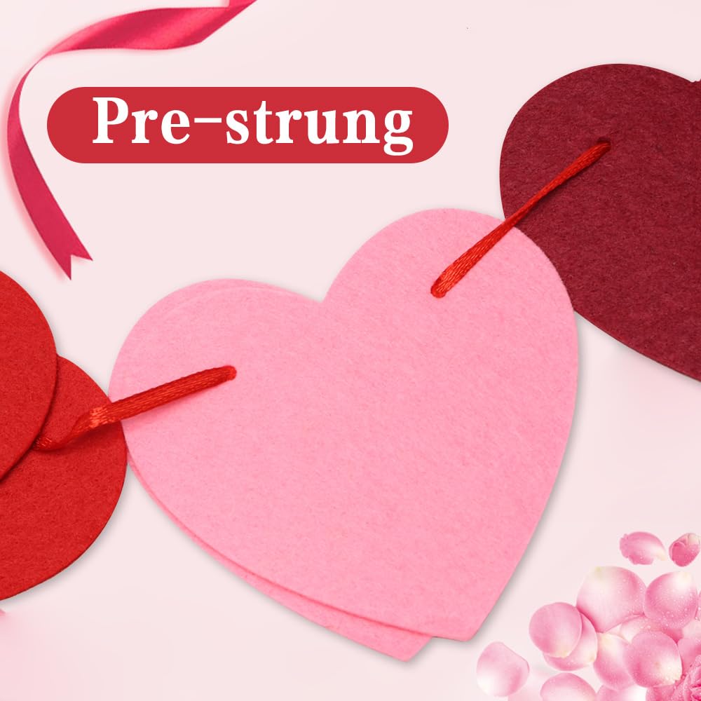 Valentines Day Decorations, Pre-Strung Felt Heart Garland for Mantle, Wall, Party Decorations, Hanging Hearts Decorations for Valentines Day Decor - 6 Strips of Valentine's Day Banner