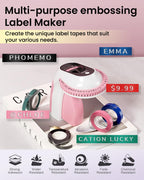 Phomemo E975 Embossing Label Maker Machine with 6 Tapes, 3D Vintage Embossed Label Maker Writer, Handheld Old School Label Maker with 6 Rolls Embossing Tapes for Office Home Organization and DIY -Pink