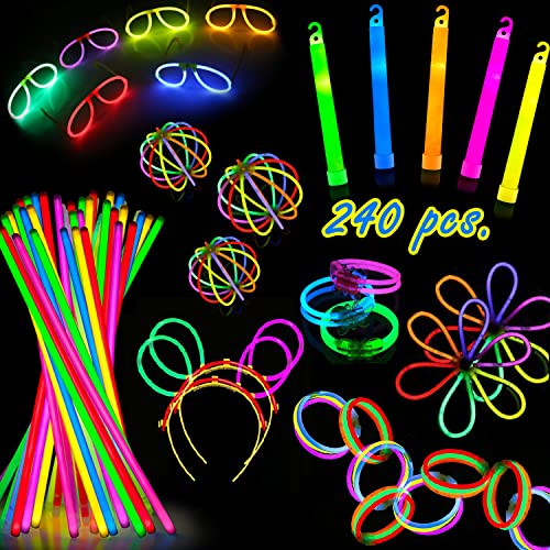 Glow Sticks Party Pack - 240 PCS Includes, 100 Pcs 8' Glow sticks,10 Pcs Ultra-Bright 6' Glow Sticks, And All Exciting Accessories – Create Glow In The Dark Necklaces, Bracelets, Glasses, Headbands, Balls, Flowers