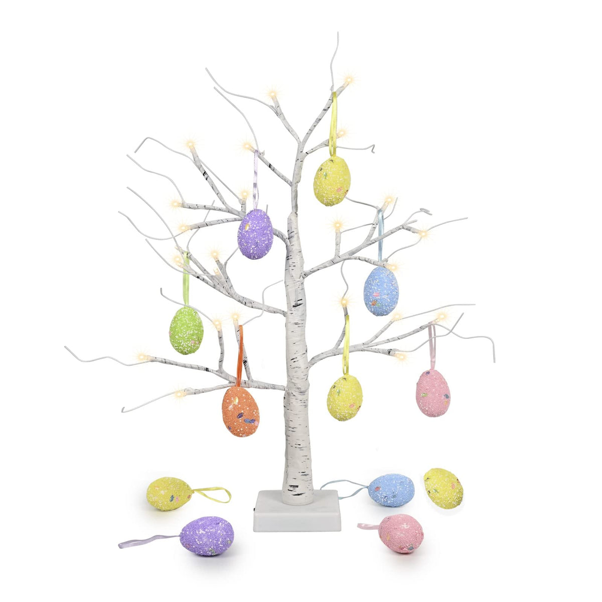 Easter Decorations kemooie 24 Inch Pre-lit White Birch Tree with 10 Hanging Easter Egg Ornaments, 24 Led Lights Battery Operated Easter Table Centerpiece for Party Birthday Home Spring Decoration