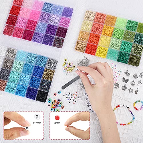 QUEFE 14400pcs 72 Colors, 3mm Glass Seed Beads for Bracelet Making Kit, Small Beads for Jewelry Making with Letter Beads for Crafts Gifts