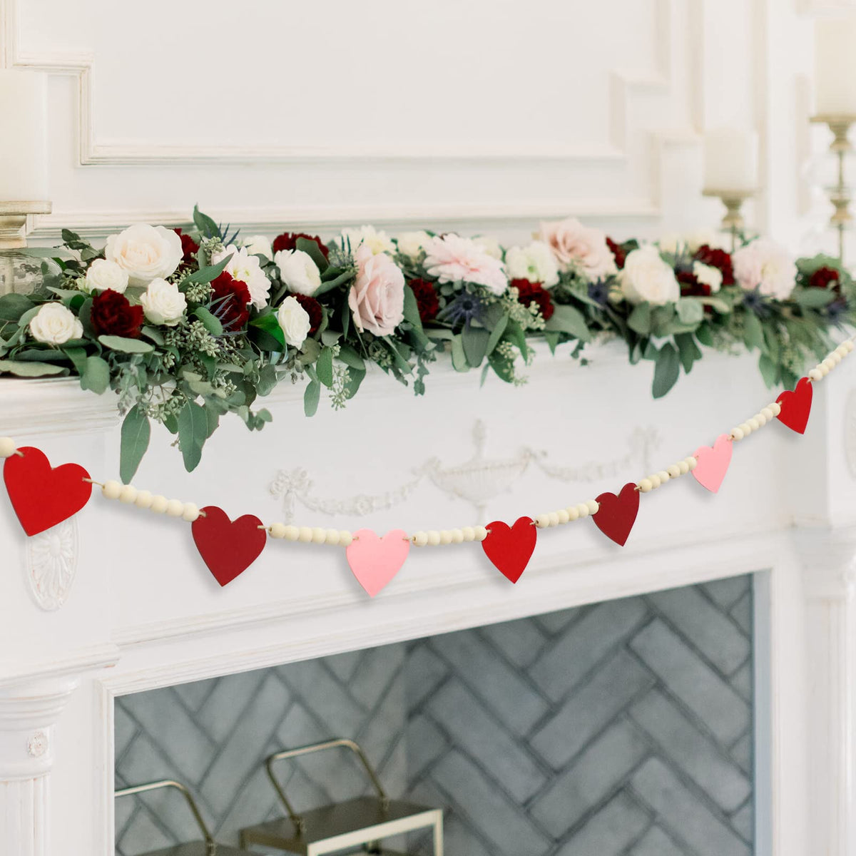 DAZONGE Valentines Day Decorations, Wood Bead Garland with Felt Hearts for Valentine Decor, Red and Pink Farmhouse Valentine’s Day Banner for Wedding, Anniversary Decorations