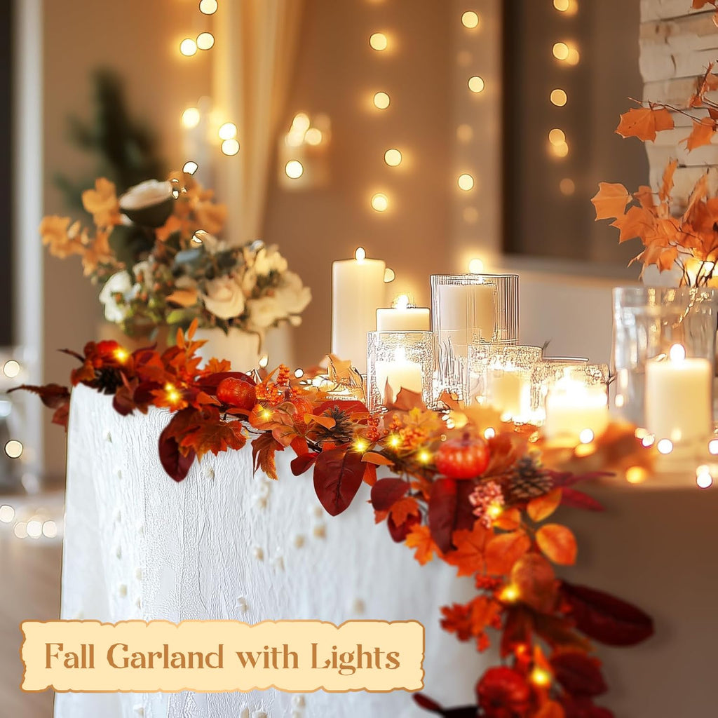 SHareconn 9ft Fall Garland with Lights and Timer for Mantle