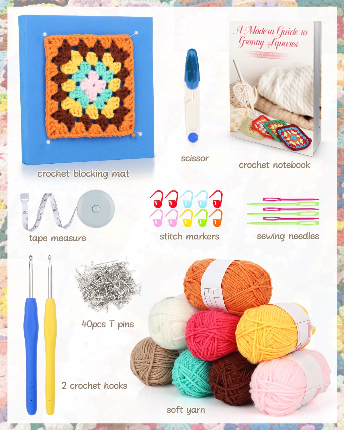 Crochet Kit for Beginners, Granny Square Crochet Kit for Adults Includes Crochet Blocking Mat Crochet Book, Beginner Crochet Kit for Kids Learn to Crochet Granny Squares Blanket Bags (GRP A)