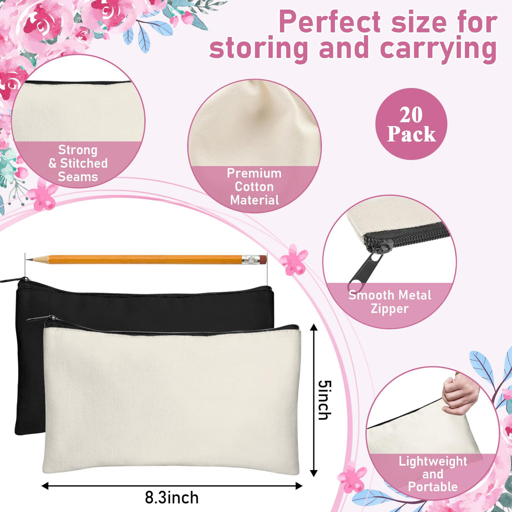 Legigo 20 Pack Blank DIY Craft Bag Canvas Pencil Case Blank Makeup Bags- Beige & Black Canvas Pencil Pouch Bulk Canvas Cosmetic Bag Travel Toiletry Bag Canvas Zipper Bag for Over 36 Months Years Kid