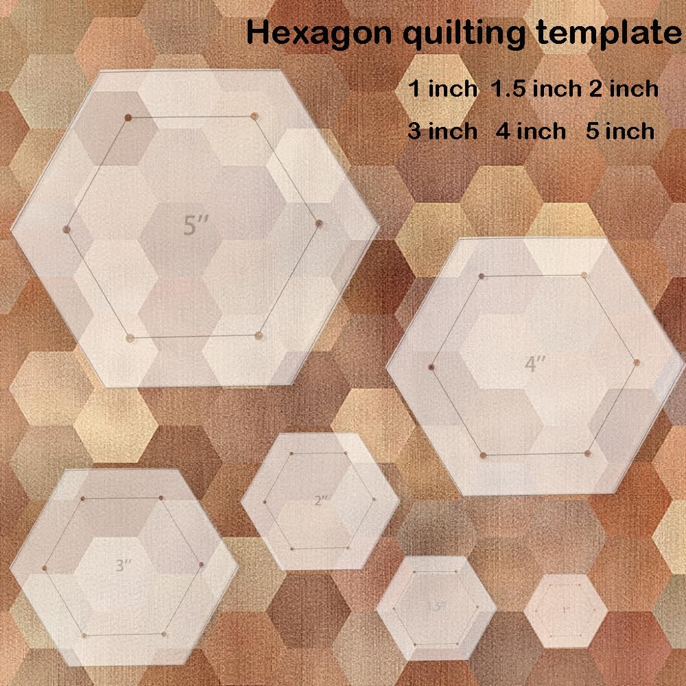 6 Pieces Hexagon Quilting Template with 1/4 Inch Seam Allowance, Hexagon Acrylic Quilting Rulers and Templates for Sewing DIY Manual Crafts Including 1inch, 1.5 Inch, 2 Inch, 3 Inch, 4 Inch, 5 Inch