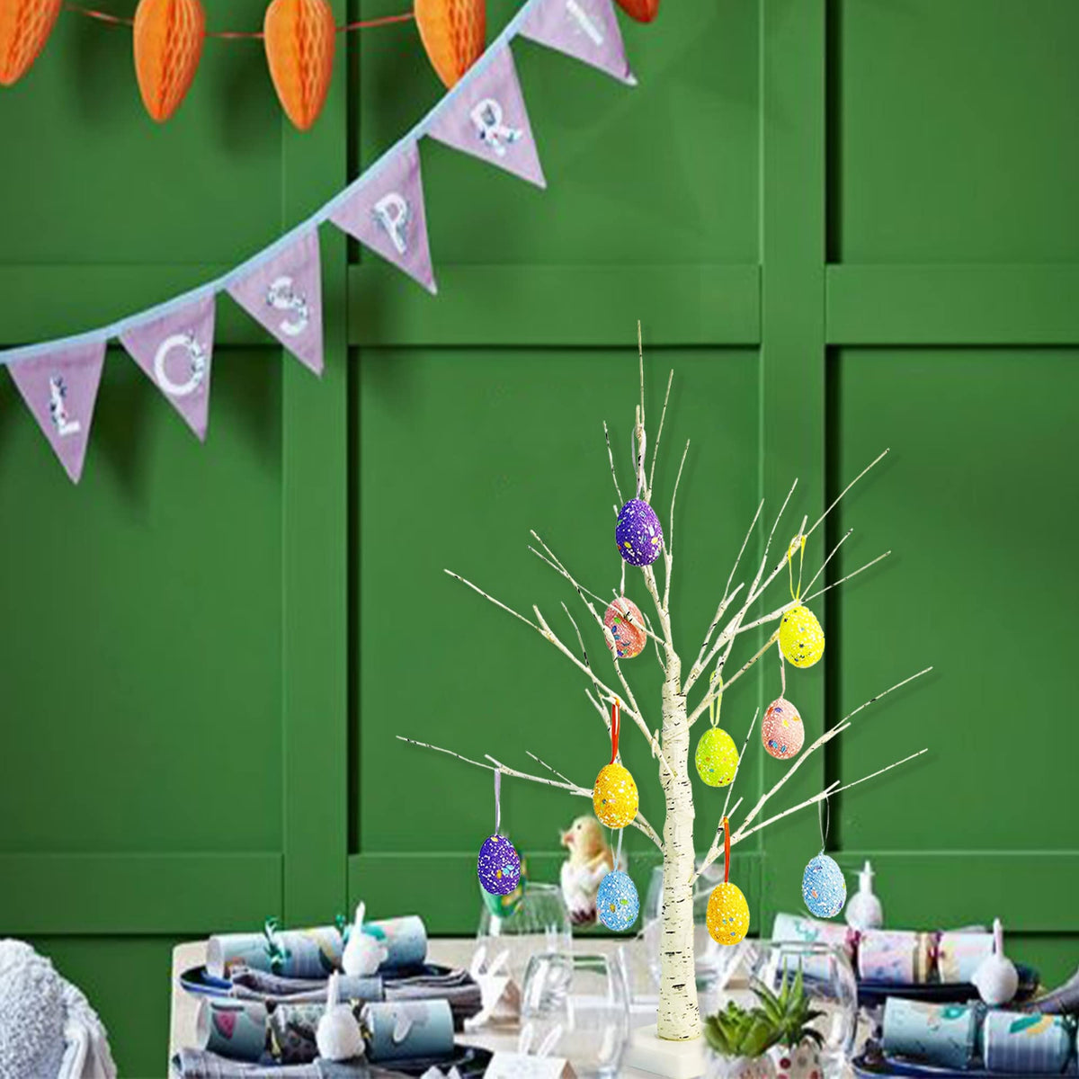 Easter Decorations kemooie 24 Inch Pre-lit White Birch Tree with 10 Hanging Easter Egg Ornaments, 24 Led Lights Battery Operated Easter Table Centerpiece for Party Birthday Home Spring Decoration
