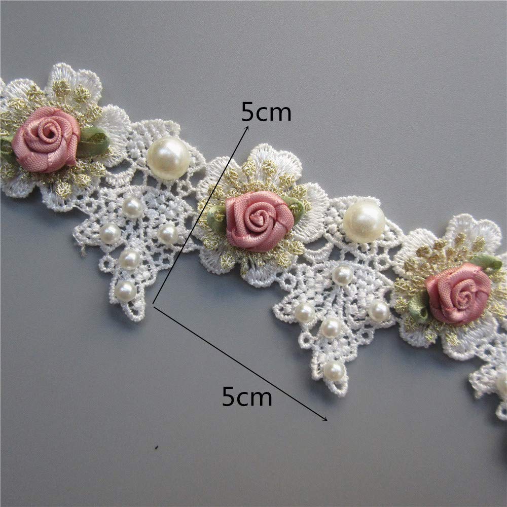1 Yard Vintage Gold Pearl Rose Flowers Embroidered Lace Trim Fabric Floral Appliques Lace Ribbon Bridal Ornaments Handmade DIY Sewing Supplies Craft for Costume Hat Decoration 1.96" Wide